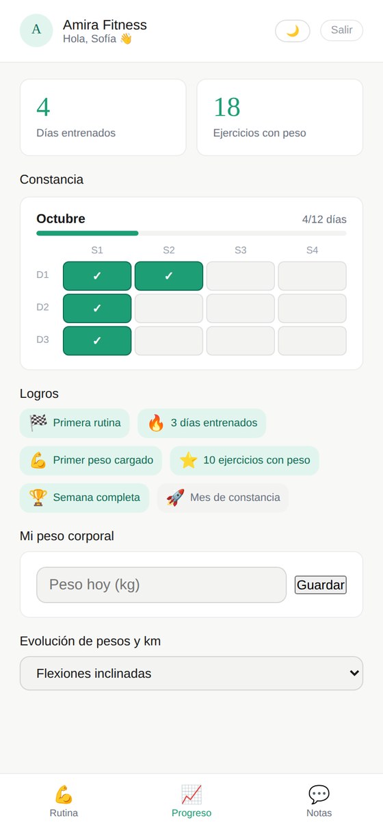 Pantalla de progreso de la app: días entrenados, calendario de constancia y logros.